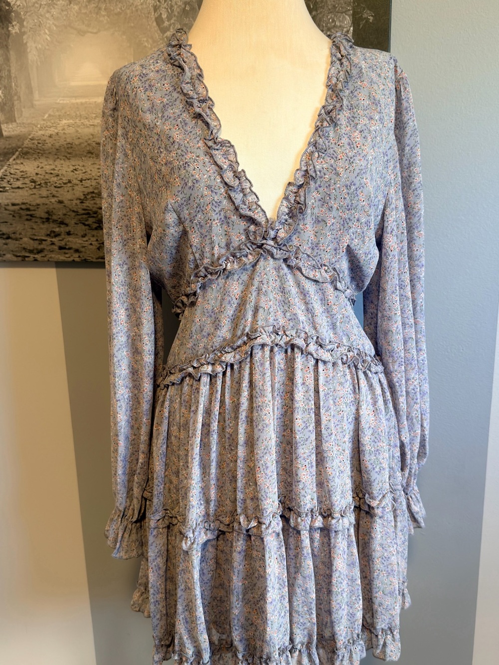 Long Sleeve Floral Ruffle Midi Dress in Lavender Blue